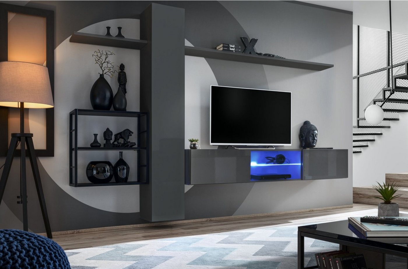 JVmoebel Wohnwand Luxuriöse Wohnwand in Grau mit Wandschrank und Regalen, (5-St., TV Ständer + Wandschrank + 3x Wandregal), Made in Europa von JVmoebel