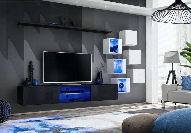 JVmoebel Wohnwand Luxuriöses Designer Set für moderne Wohnwände und Regale, (8-St., TV Ständer + 6x Wandschrank + Wandregal), Made in Europa von JVmoebel