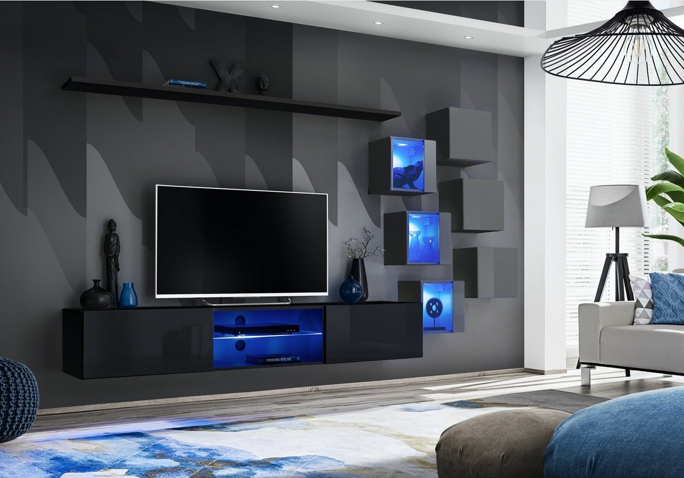 JVmoebel Wohnwand Moderne Designer Wohnwand mit Luxus TV-Ständer und Regalen, (8-St., TV Ständer + 6x Wandschrank + Wandregal), Made in Europa von JVmoebel