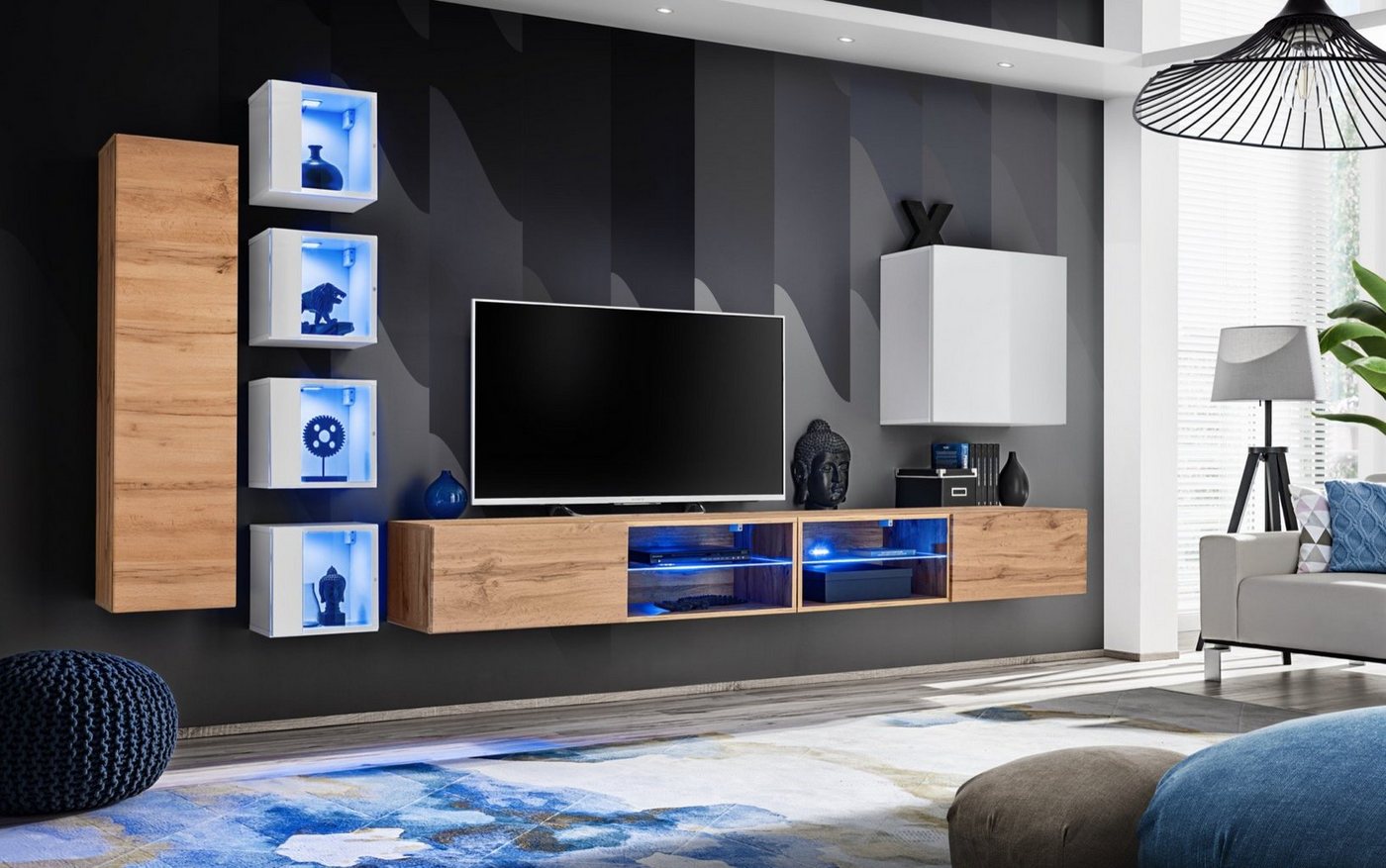 JVmoebel Wohnwand Moderne Designer-Wohnwand mit TV-Ständer und Hängeschrank aus Holz, (8-St., 2x TV Ständer + 6x Wandschrank), Made in Europa von JVmoebel