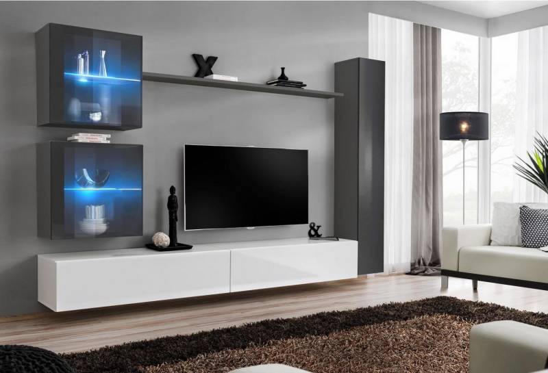 JVmoebel Wohnwand Moderne Designer Wohnwand und TV-Ständer in Grau, (7-St), Made in Europa von JVmoebel