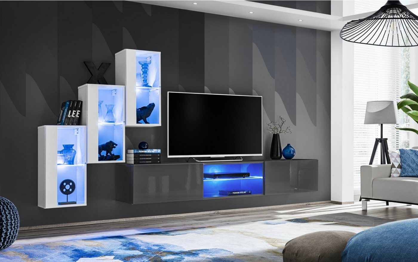 JVmoebel Wohnwand Moderne TV-Wand Hängeschränke mit LED-Beleuchtung Komplettset, (4-St., TV Ständer + 3x Hänge Vitrine), LED beleuchtet von JVmoebel