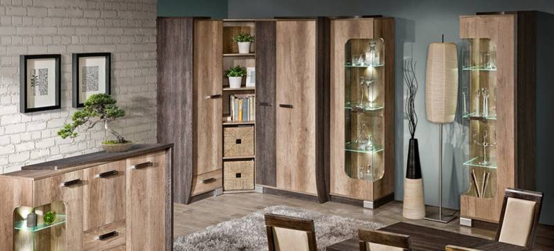 JVmoebel Wohnwand Moderne Wohnwand Anbauwand mit Vitrine und Regal in Eiche, Made in Europa JVmoebel Wohnwand Moderne Wohnwand Anbauwand mit Vitrine und Regal in Eiche, Made in Europa von JVmoebel