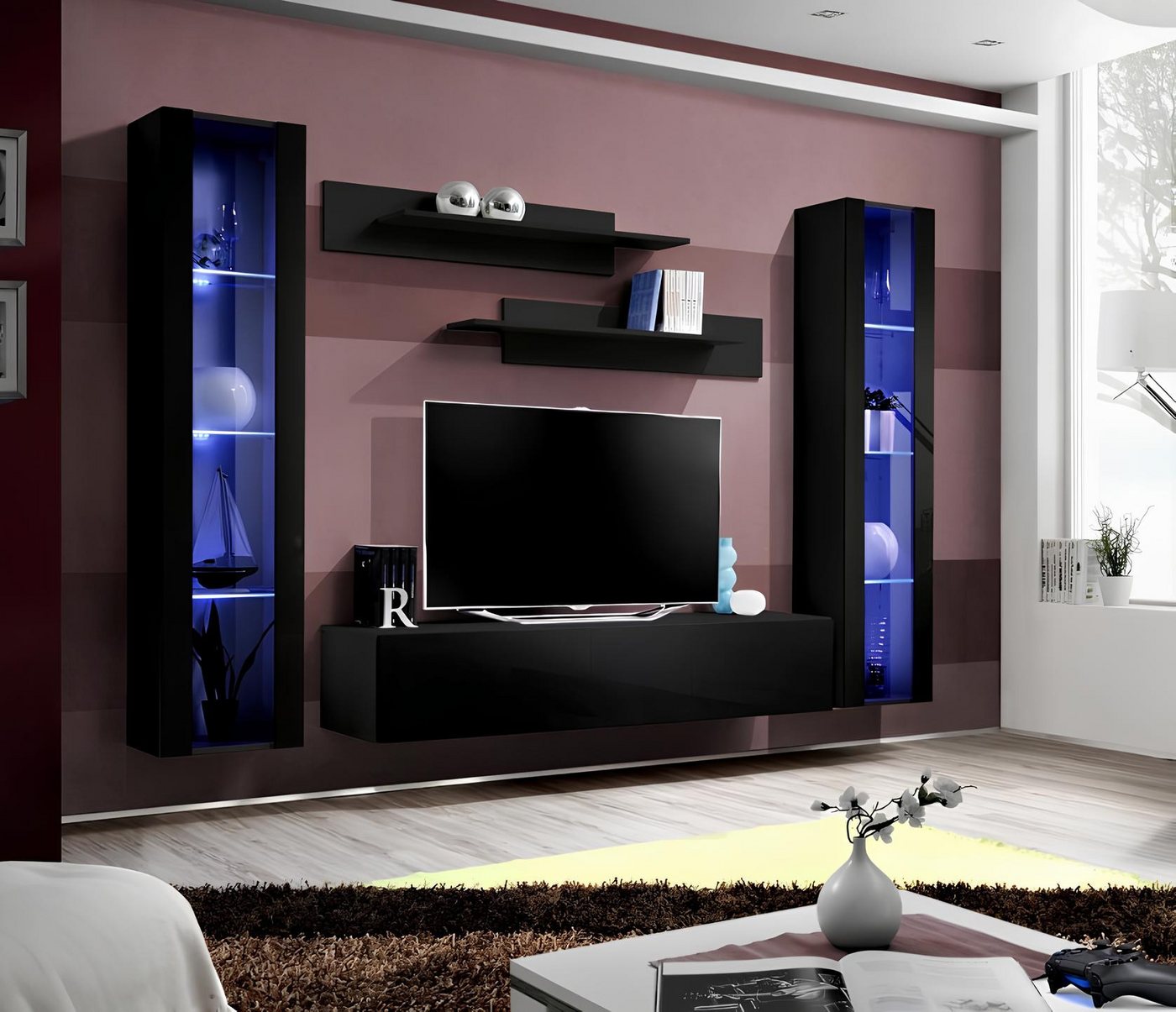 JVmoebel Wohnwand Moderne Wohnwand aus Holz mit Lowboard und Regalen in Schwarz, (6-St), Made in Europa von JVmoebel