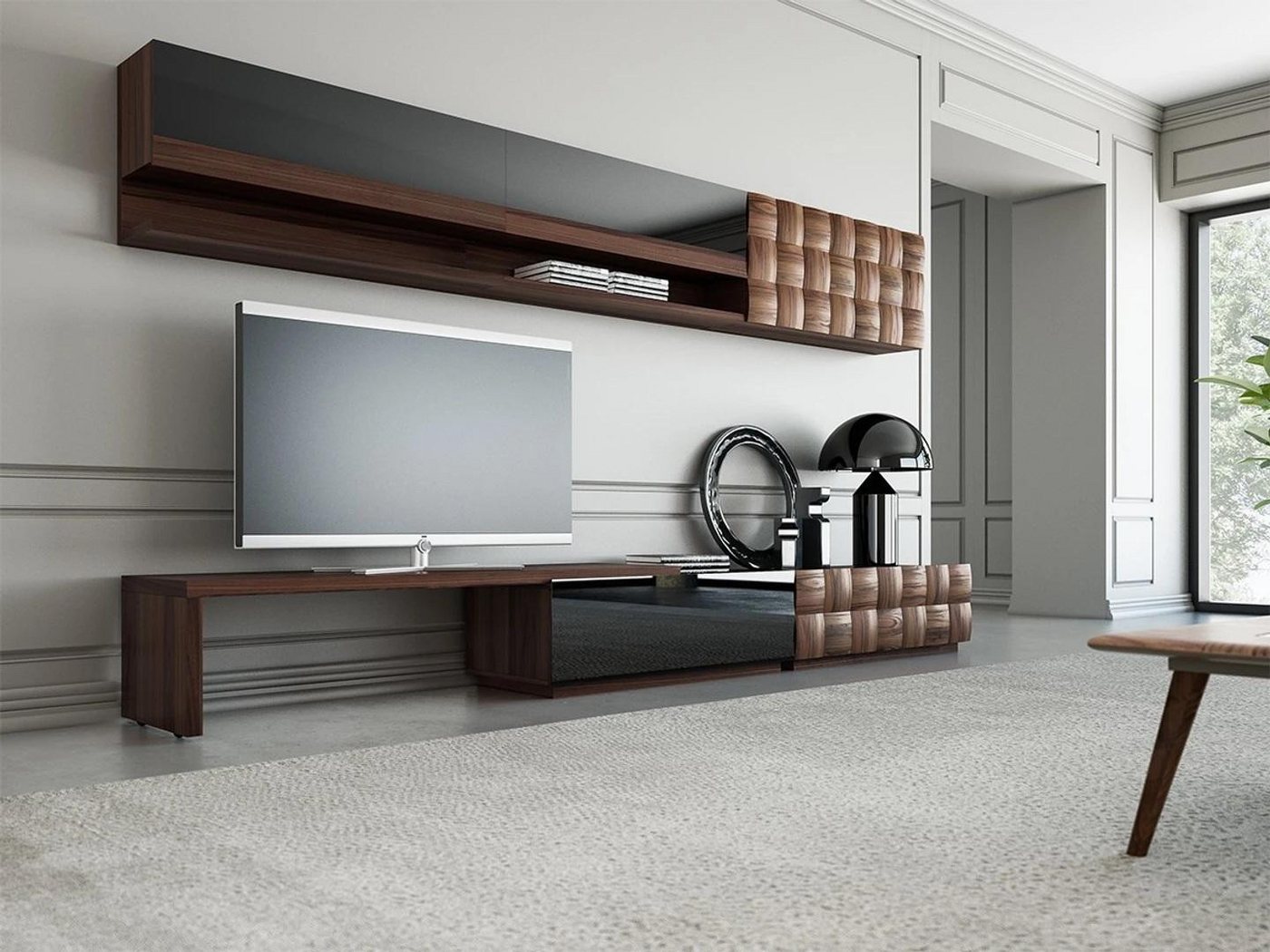 JVmoebel Wohnwand Moderne Wohnwand mit TV-Ständer und 2 Wandregalen, (4-St., Wohnzimmer Set 4tlg (TV-Ständer + Wandschrank + 2x Wandregale), Made in Europa von JVmoebel