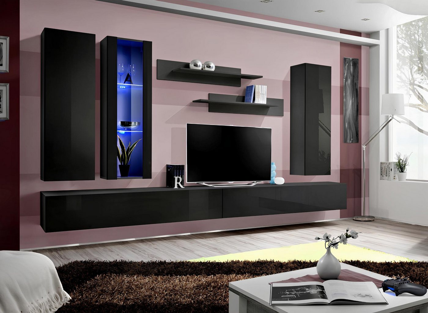 JVmoebel Wohnwand Moderne Wohnzimmerkombination mit TV-Ständer und Wandregal, (8-St., 1x Wohnwand+2x TV Ständer+1x Hänge Vitrine+2x Wandschrank+2x Wandregal), Made in Europa von JVmoebel