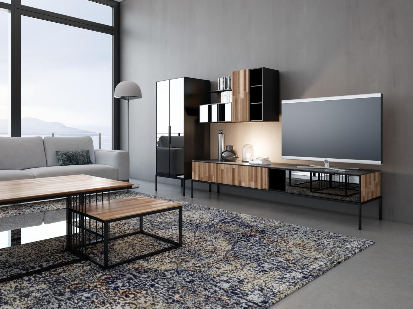 JVmoebel Wohnwand Moderner Holz TV Ständer Vitrine Lowboard für Wohnzimmer Braun, (4-St., 1x RTV+ 1x Vitrine + 1x TV Unit Top + 1x Bücherregal), Made in Europa von JVmoebel