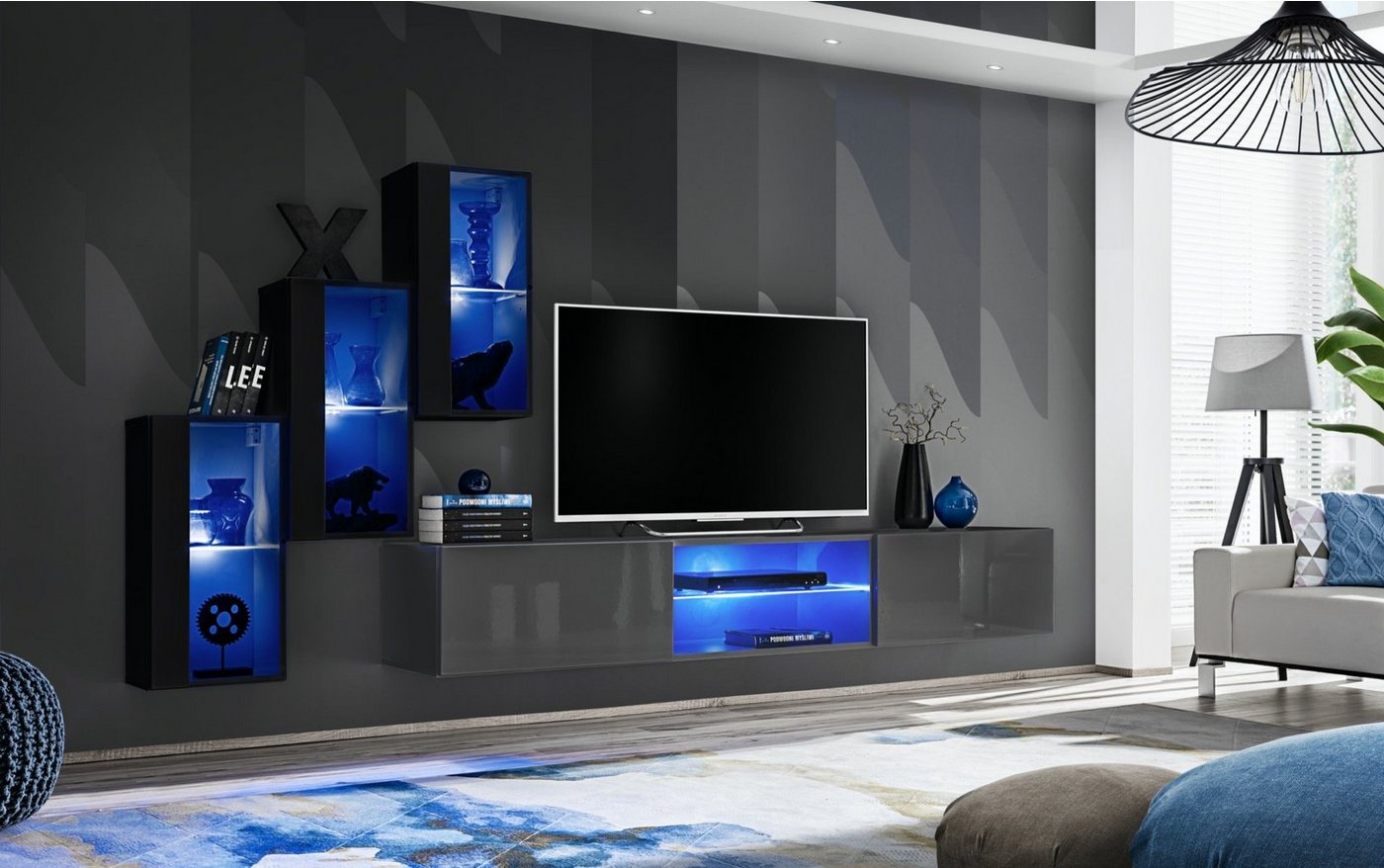JVmoebel Wohnwand Modernes 4-teiliges Wohnwand-Set mit Hängeregal Neu, (4-St., TV Ständer + 3x Hänge Vitrine), Made in Europa von JVmoebel