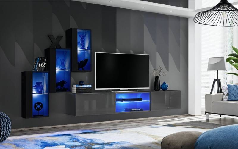 JVmoebel Wohnwand Modernes 4-teiliges Wohnwand-Set mit Hängeregal Neu, (4-St., TV Ständer + 3x Hänge Vitrine), Made in Europa von JVmoebel