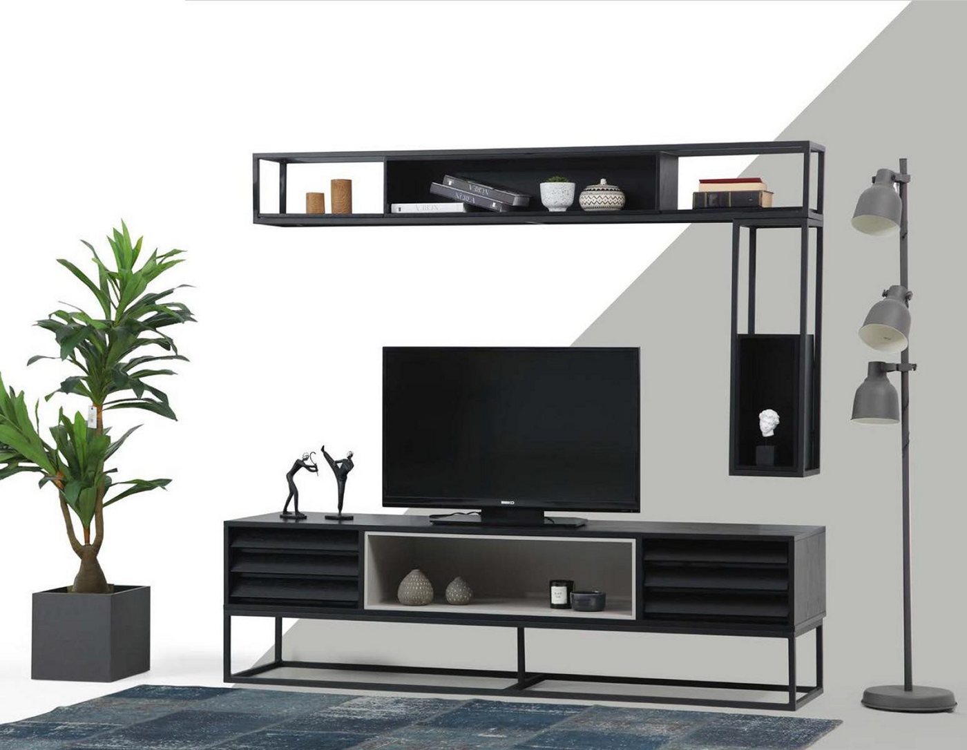JVmoebel Wohnwand Modernes TV Lowboard Set aus Holz in Schwarz - Möbelregale, (3-St., 2x Regale + 1x RTV), Made in Europa von JVmoebel