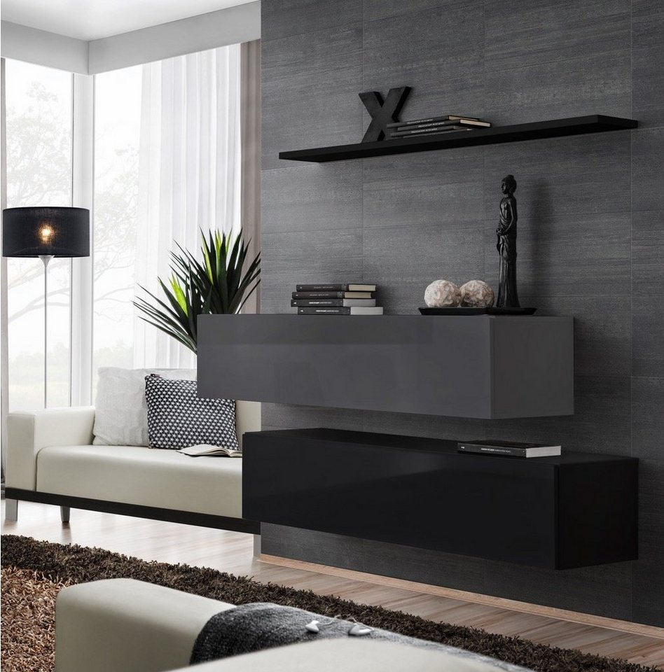 JVmoebel Wohnwand Schlichte schwarze Wohnwand aus Holz für das Wohnzimmer, (3-St., Nur 2x Wandschrank + Wandregal), Made in Europa von JVmoebel