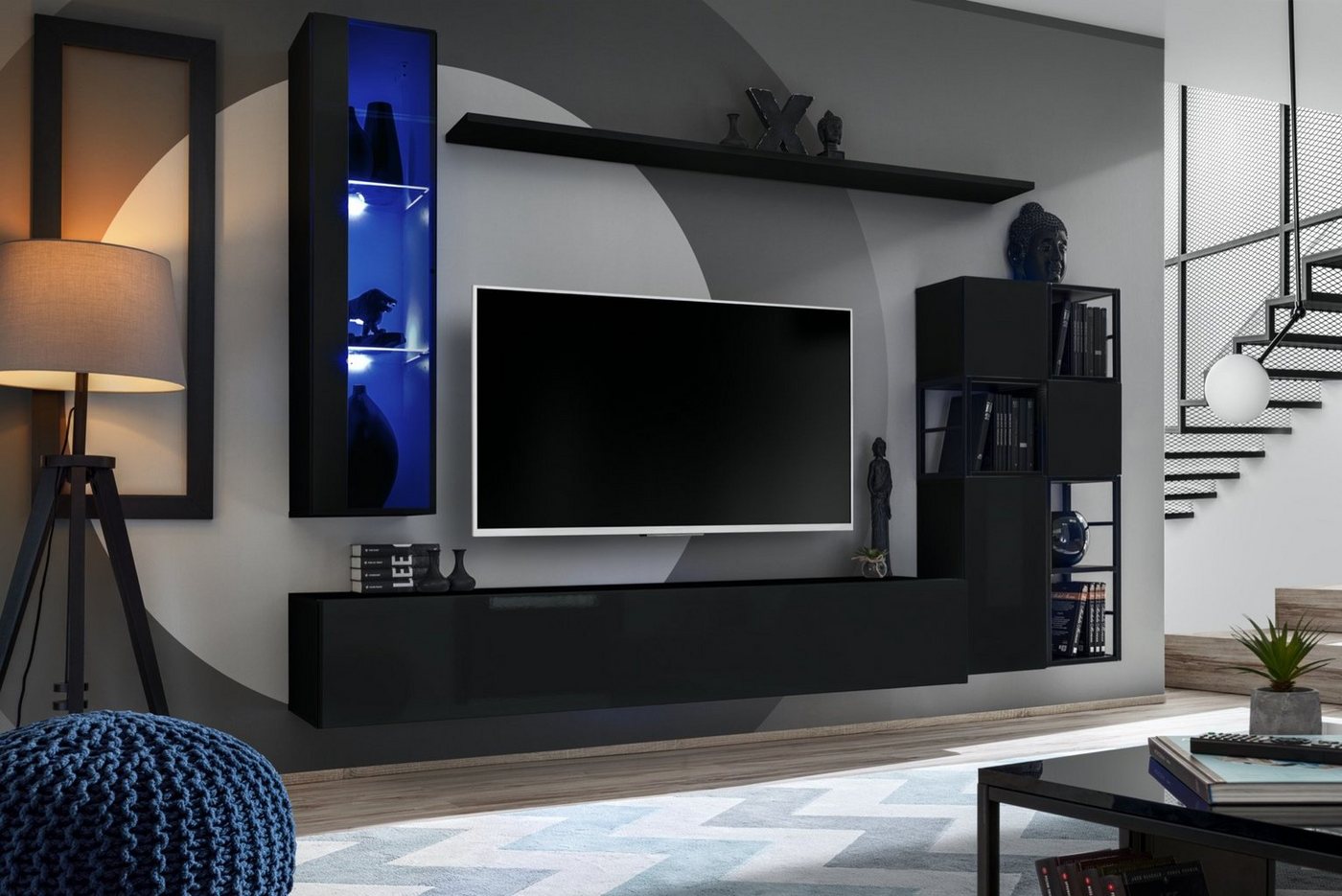 JVmoebel Wohnwand Schwarze Wohnwand aus Holz mit Wandschrank für stilvolle Räume, (9-St., TV Ständer + Hänge Vitrine + 3x Wandschrank + 4x Wandregal), Made in Europa von JVmoebel
