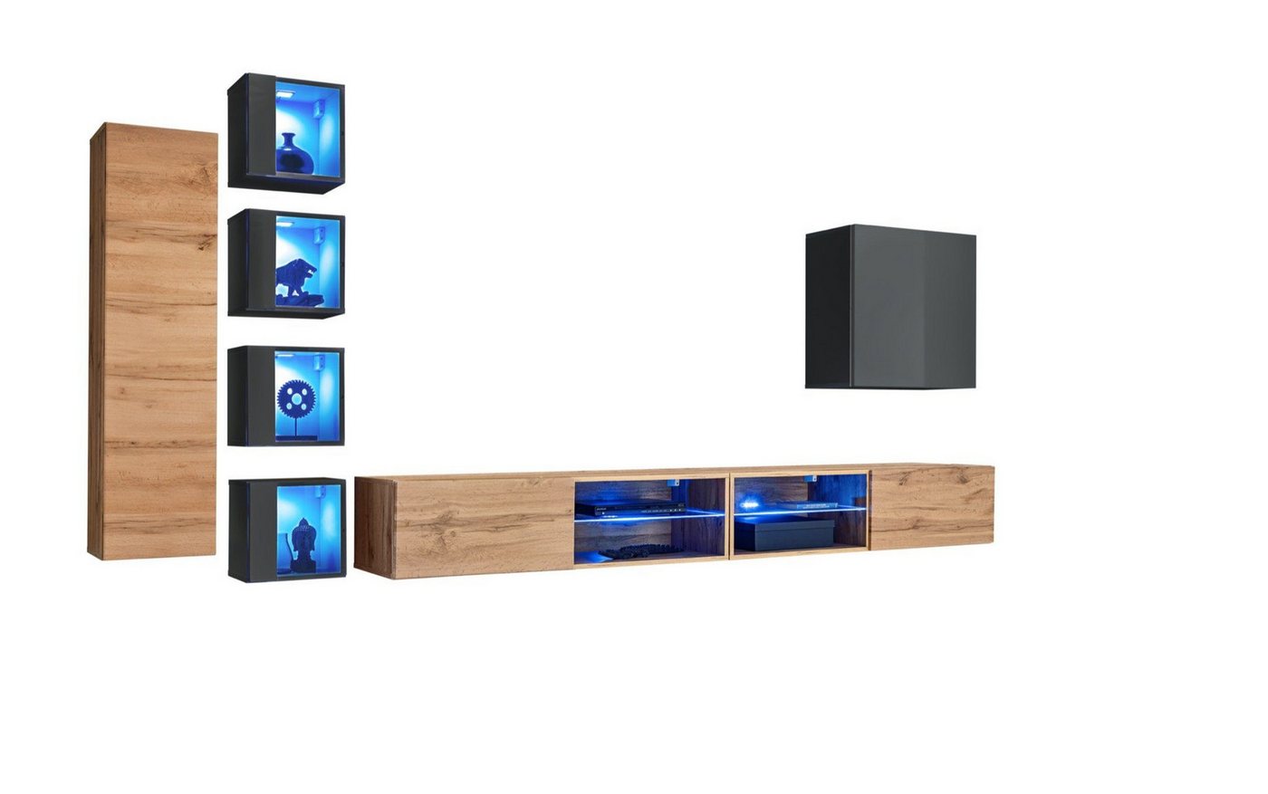 JVmoebel Wohnwand Set Wohnwand 320 cm Wandschrank TV-Ständer Modern Wohnzimmermöbel, (8-St., 2x TV Ständer + 6x Wandschrank), LED beleuchtet von JVmoebel