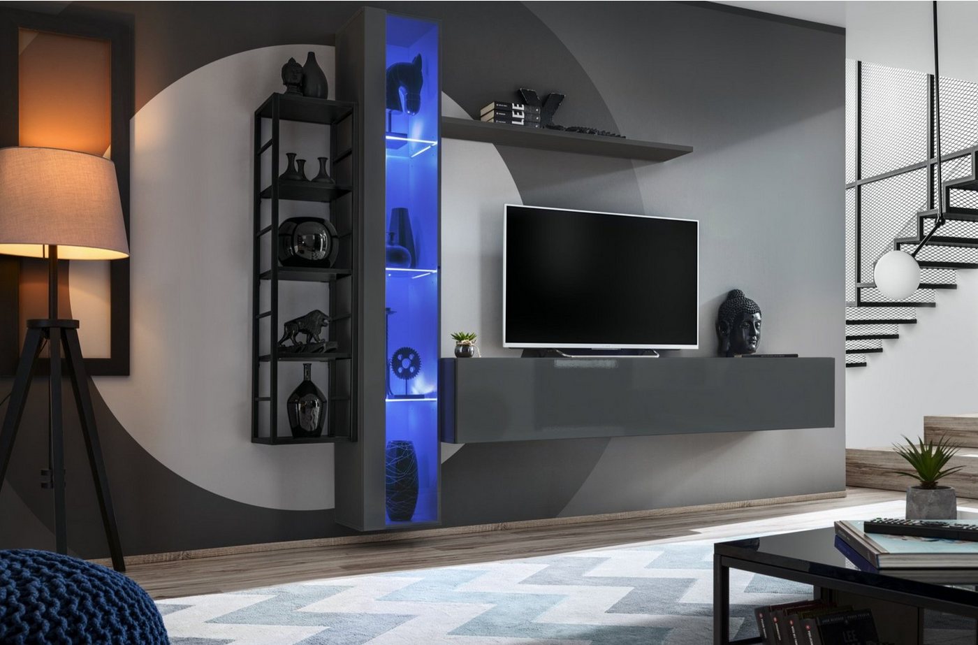 JVmoebel Wohnwand Stylische Wohnwand mit Regal, Hängeschrank und TV-Ständer, (4-St., TV Ständer + Hänge Vitrine + 2x Wandregal), Made in Europa von JVmoebel