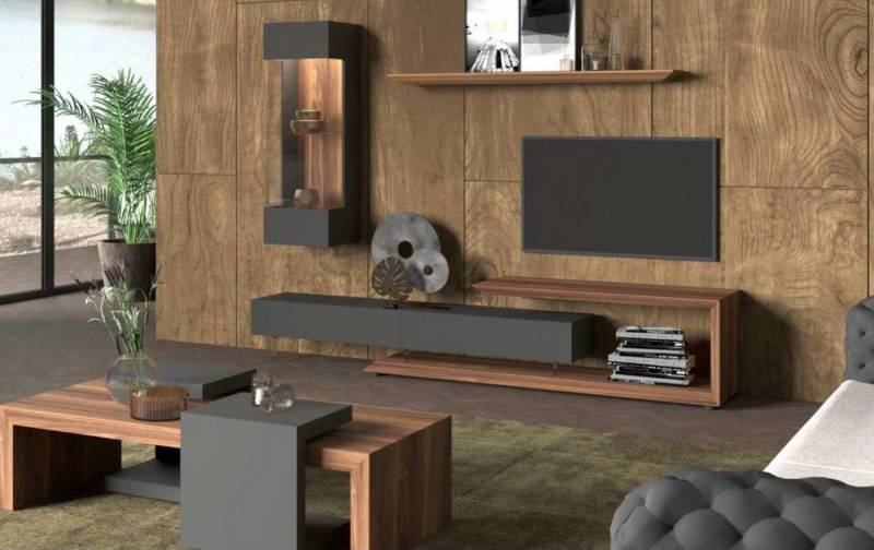 JVmoebel Wohnwand Wandpanel Seitenschrank Walnuss-Natur Anthrazit Matt, (4-St., 2x TV-Ständer, Seitenschrank, Wandregal), Made in Europa von JVmoebel