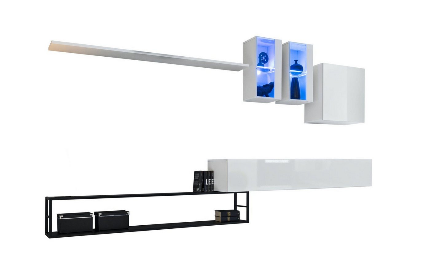 JVmoebel Wohnwand Weiß Wohnwand Designer Luxus Wohnzimmermöbel TV-Ständer Wandschrank, (6-St., TV Ständer + 3x Wandschrank + 2x Wandregal), LED beleuchtet von JVmoebel