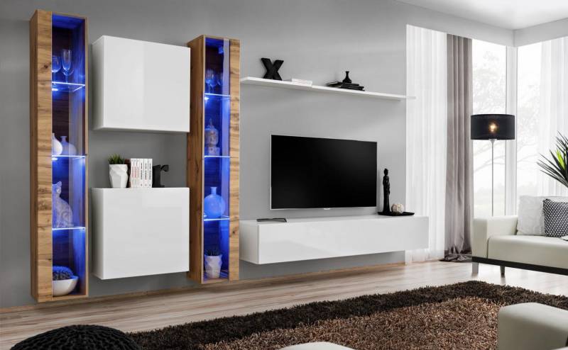 JVmoebel Wohnwand Weißer TV-Ständer Wohnwand mit Wandschrank für Wohnzimmer, (7-St), Made in Europa von JVmoebel