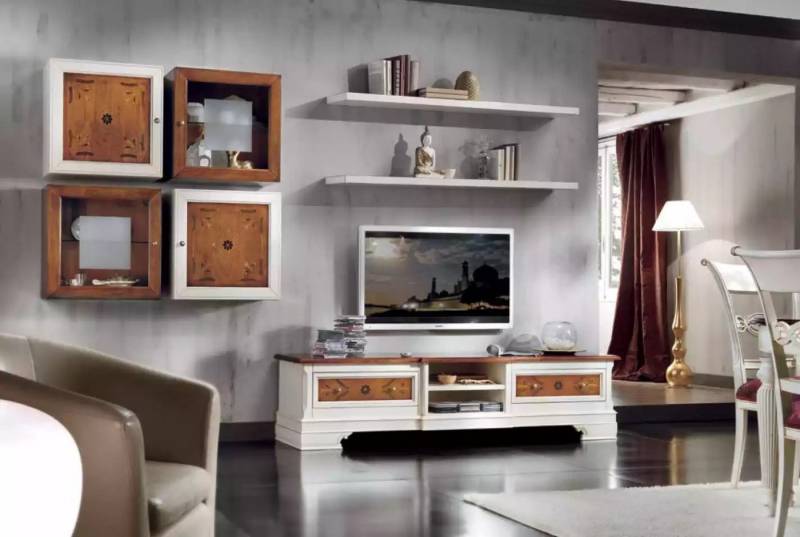 JVmoebel Wohnwand Weißes Wohnset für das Wohnzimmer: Lowboard, Wandregale & Schrank, (7-St., Nur Lowboard + 4x Wandschränke + 2x Wandregale), Made in Europa von JVmoebel