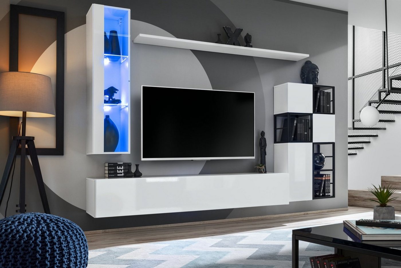 JVmoebel Wohnwand Weißes Wohnwand Set mit Hängevitrine und TV-Ständer aus Holz, (9-St., TV Ständer + Hänge Vitrine + 3x Wandschrank + 4x Wandregal), Made in Europa von JVmoebel