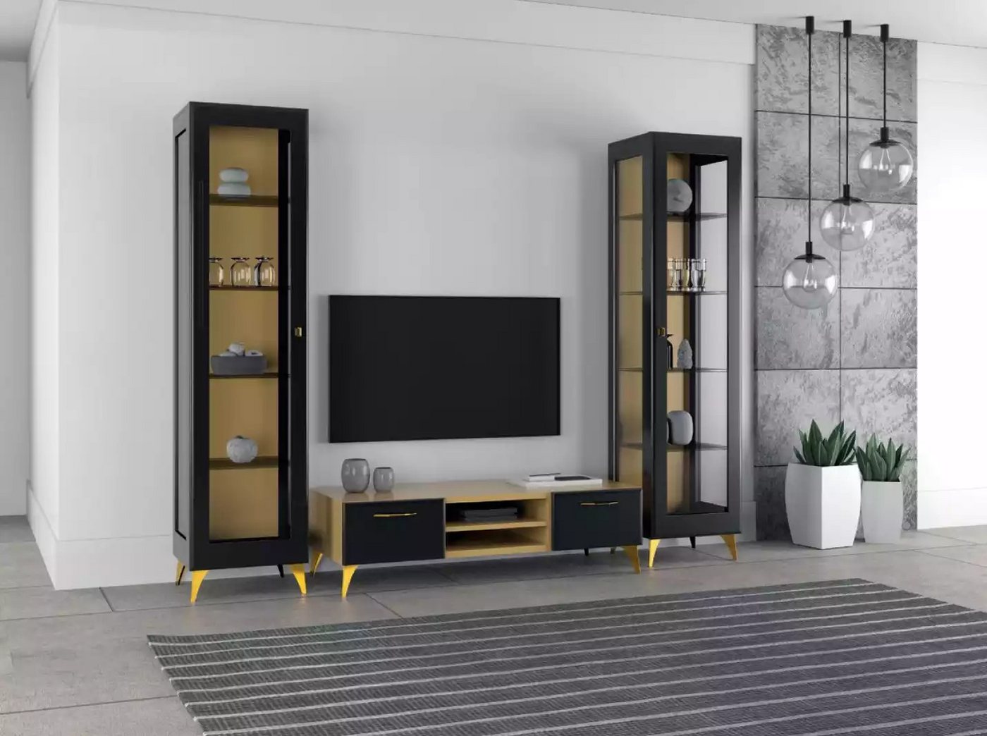 JVmoebel Wohnwand Wohnwand Set 3-teilig aus Holz mit TV Ständer und Vitrine, (3-St., 1x TV Staender + 2х Vitrine), Made in Europa von JVmoebel