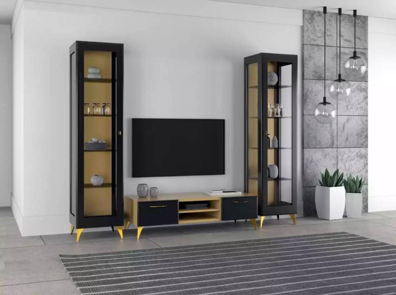 JVmoebel Wohnwand Wohnwand Set 3-teilig aus Holz mit TV Ständer und Vitrine, (3-St., 1x TV Staender + 2х Vitrine), Made in Europa von JVmoebel