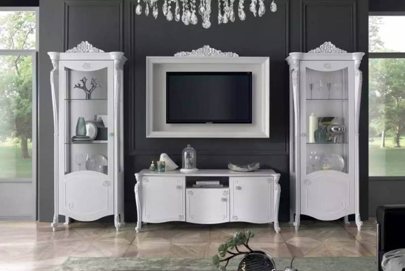 JVmoebel Wohnwand Wohnwand in Weiß, stylishes Design, TV-Sideboard mit Glas und Schrank, (4-St., Lowboard + 2x Vitrine + TV-Rahmen), Made in Europa von JVmoebel