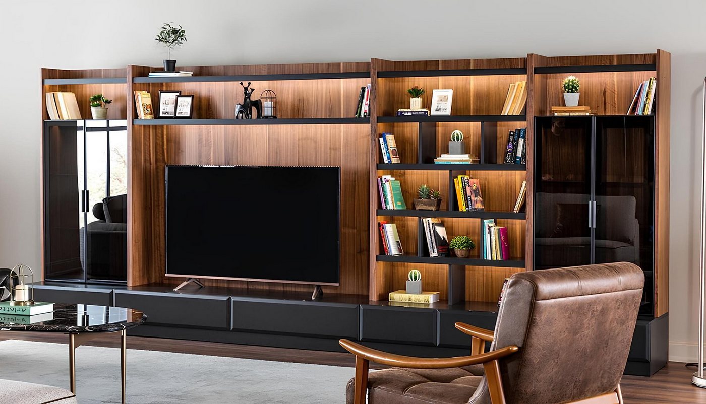 JVmoebel TV-Wand Wohnwand tv Möbel Schrankwände Wohnzimmer Vitrine Modern Holz Braun, (Wohnwand), Made in Europa von JVmoebel