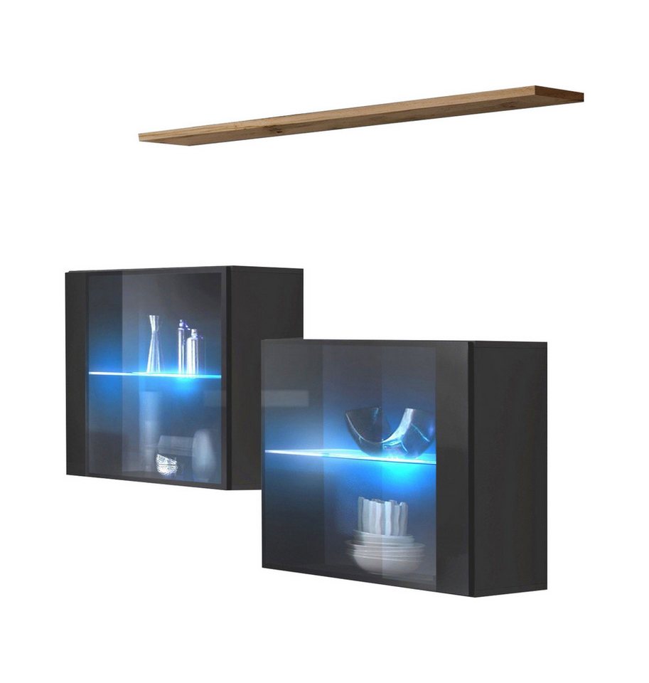 JVmoebel Wohnwand Wohnzimmer Set Designer Wohnwand Grau 130 cm Luxus Wand Regal, (3-St., Nur 2x Hänge Vitrine + Wandregal), LED beleuchtet von JVmoebel