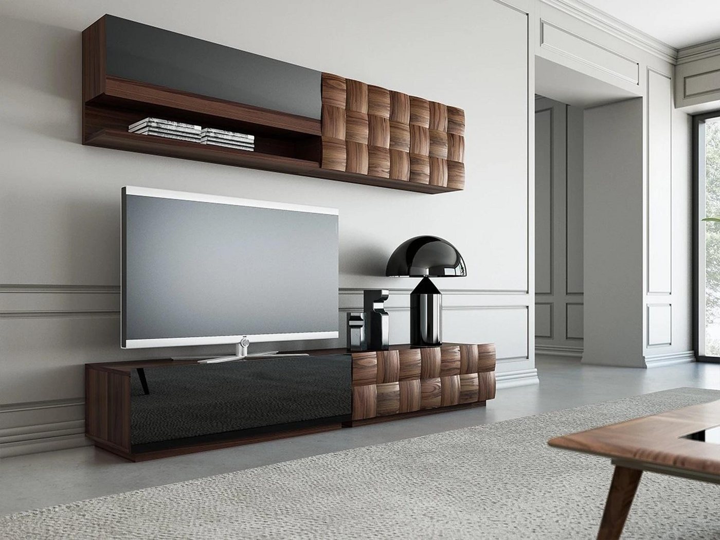 JVmoebel Wohnwand Wohnzimmermöbel Set TV-Ständer Wohnwand Regal aus Holz 4-tlg., (4-St., 2x TV-Ständer + 1x Wandschrank + 1x Wandregal), Made in Europa von JVmoebel