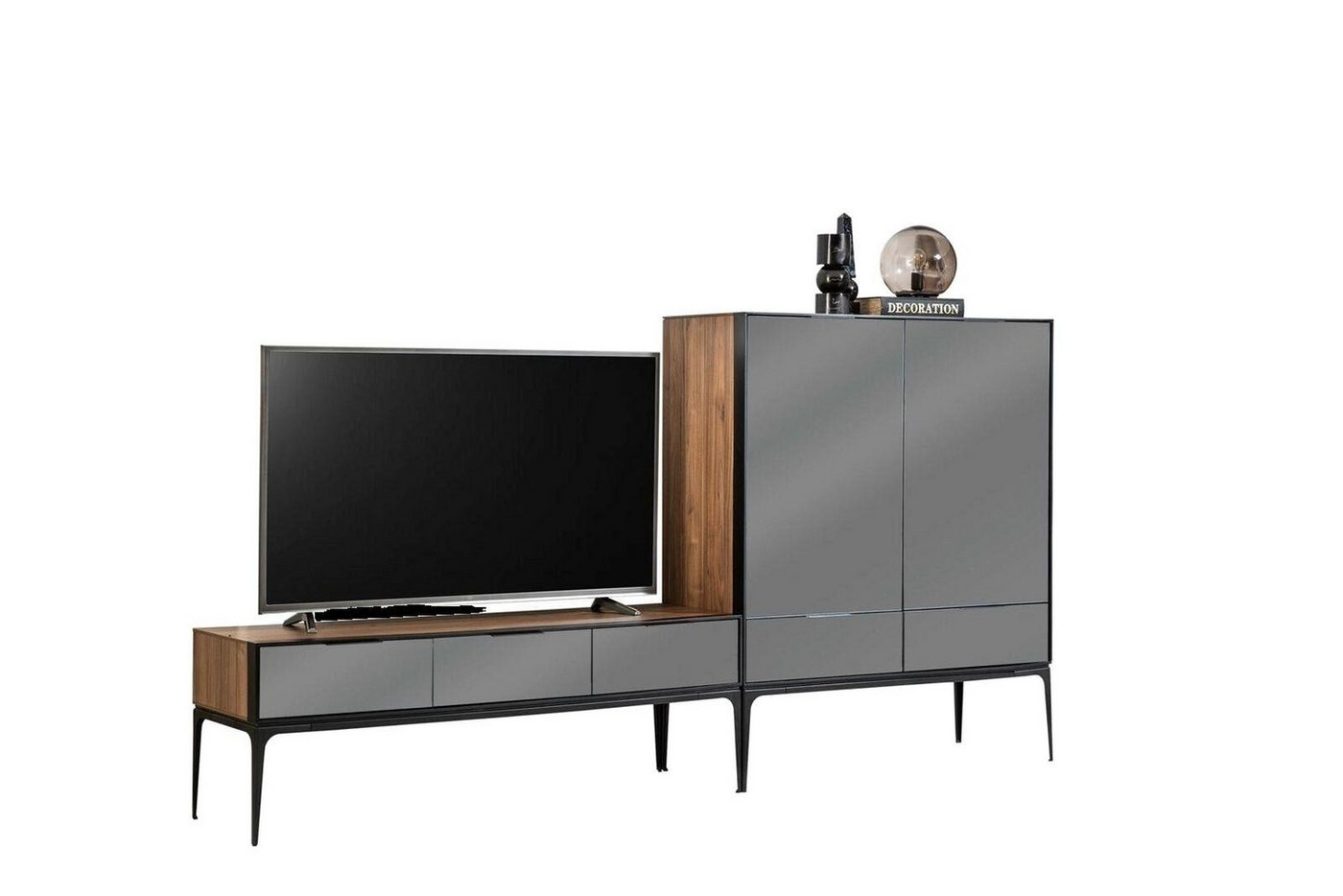 JVmoebel Wohnwand rtv Wohnwand mit Spiegel tv Fronten Schrank Schwarz Braune Schrank, (2-St., 1x Seitenschrank + 1x TV-Ständer), Made in Europa von JVmoebel