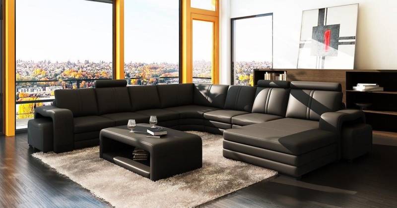 JVmoebel Wohnzimmer-Set, Ecksofa U-Form + 2x Hocker + Couchtisch Couch Design Polster Leder von JVmoebel