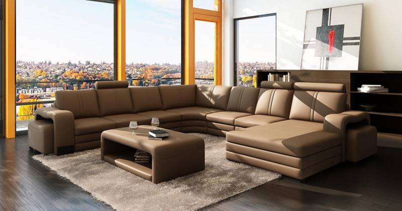 JVmoebel Wohnzimmer-Set, Ecksofa U-Form + 2x Hocker + Couchtisch Couch Design Polster Leder von JVmoebel