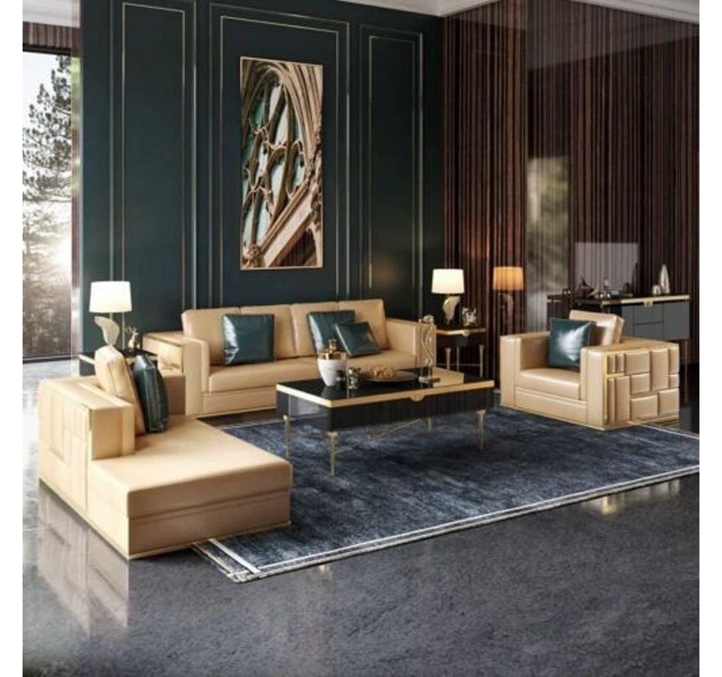 JVmoebel Wohnzimmer-Set, Metall Elemente Designer Couch Sofa Polster Sitz Garnitur Leder 4+2+1 von JVmoebel