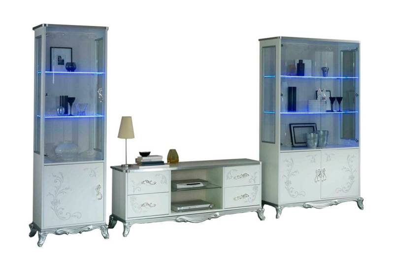 JVmoebel Wohnwand Wohnwand Vitrine Lowboard Wandregal TV Tisch Weiß-Silber 3 tlgs., Made in Europa von JVmoebel