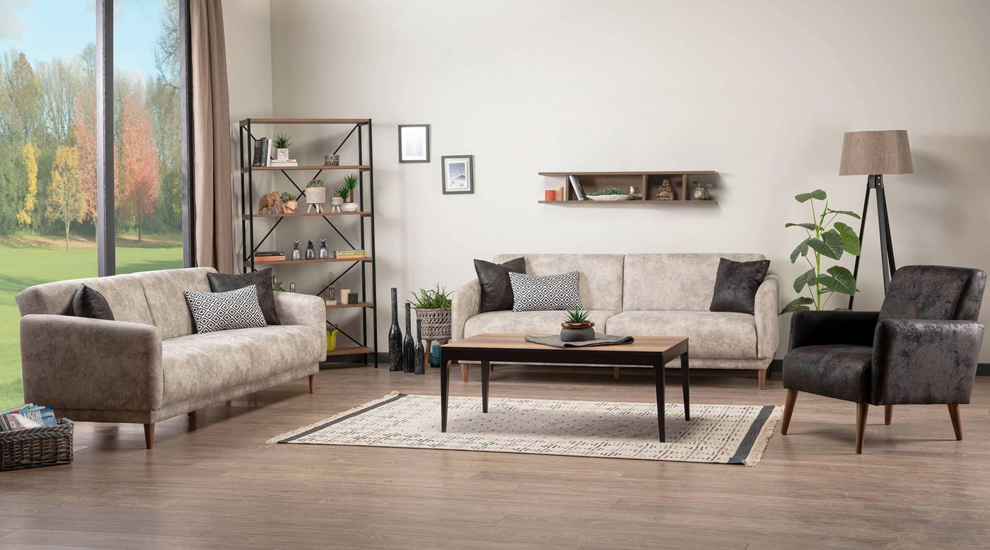 JVmoebel Polstergarnitur 2x 3-sitzer Sofa + Sessel + Couchtisch + Wandregal + Bücherregal 6tlg., (Sessel), Made in Europa von JVmoebel