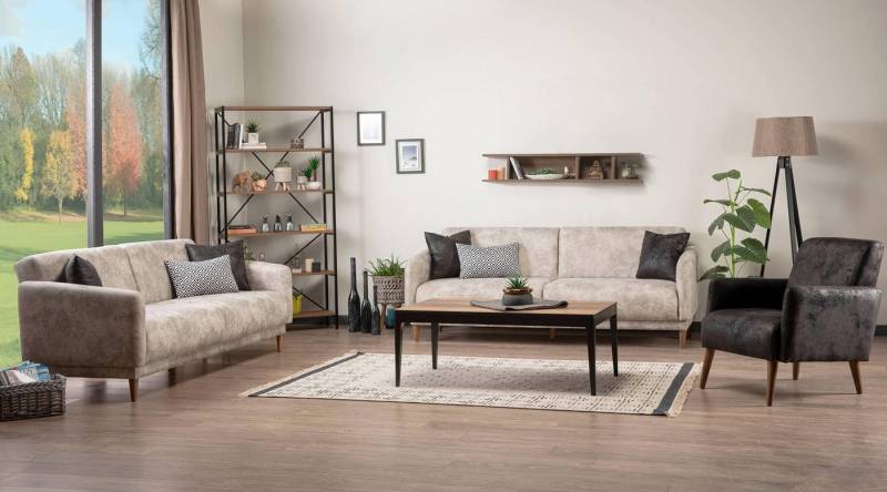 JVmoebel Polstergarnitur 2x 3-sitzer Sofa + Sessel + Couchtisch + Wandregal + Bücherregal 6tlg., (Sessel), Made in Europa von JVmoebel