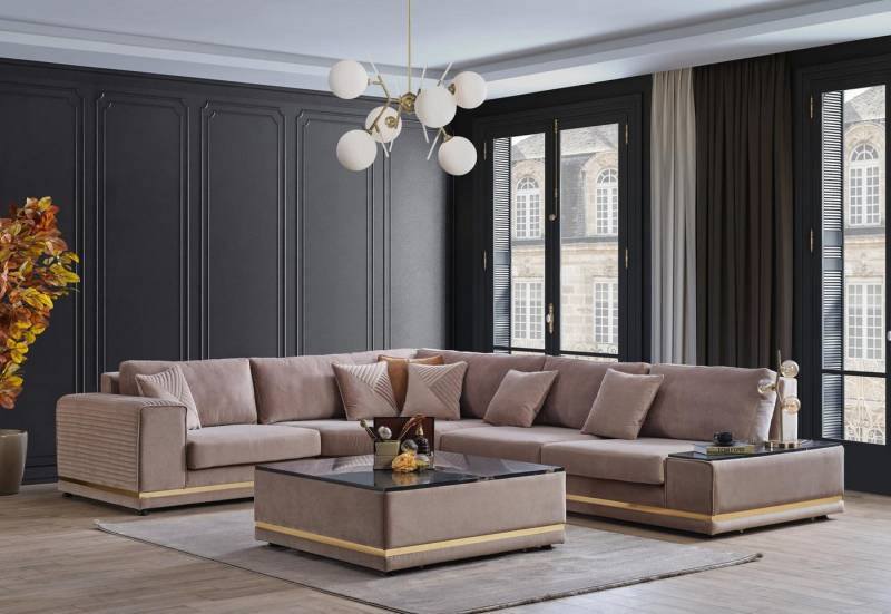 JVmoebel Wohnzimmer-Set Beige L-förmige Wohnlandschaft mit stilvollem Hocker, (2-St., 1x Ecksofa L-Form + 1x Couchtisch), Made in Europa von JVmoebel