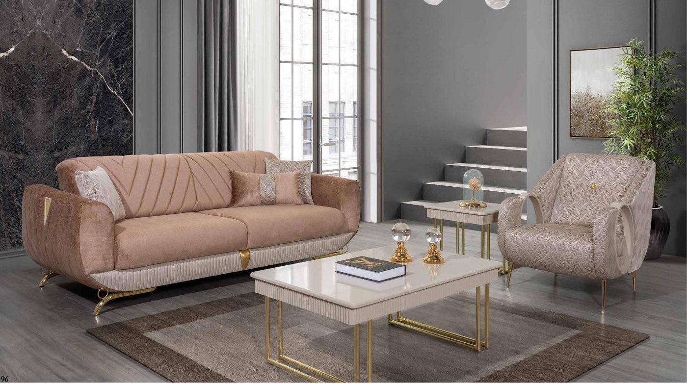 JVmoebel Polstergarnitur Beige Luxus-Garnitur für das Wohnzimmer: 3-Sitzer, Sessel, Tisch, (4-tlg., Sofa 3 Sitzer + Sessel + Couchtisch + Beistelltisch), Made in Europa von JVmoebel