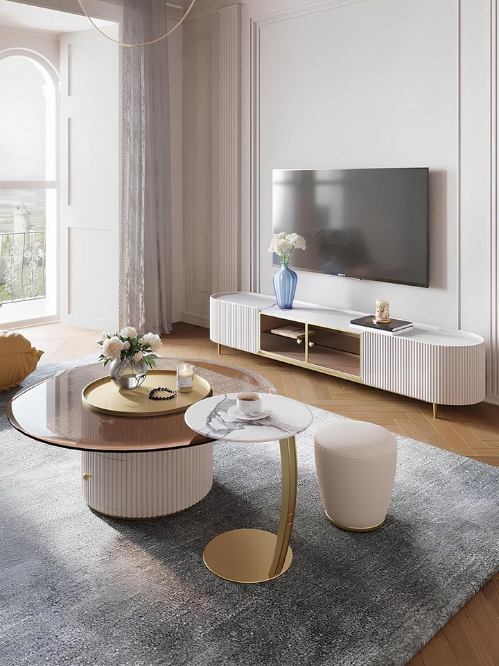 JVmoebel Wohnzimmer-Set Beleuchteter Couchtisch aus Glas im 2-tlg. Set für Wohnzimmer, (Sideboard + 2x Couchtische), Made in Europa von JVmoebel