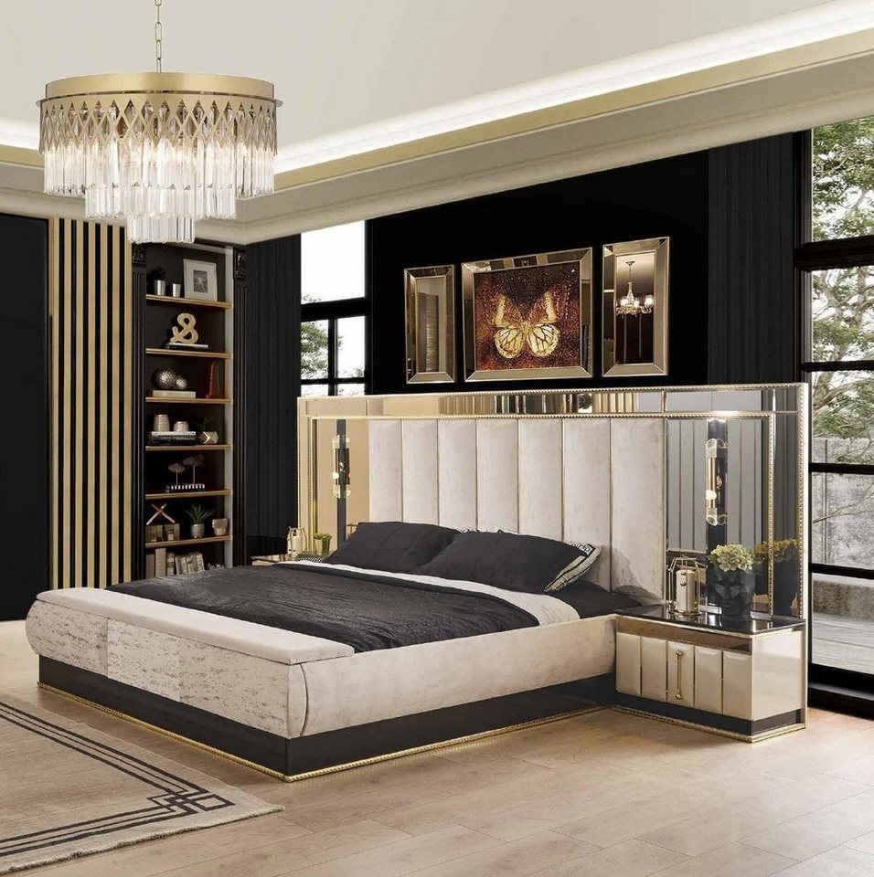 JVmoebel Wohnzimmer-Set Bett 2 Nachttisch 3tlg Luxus Designer Möbel Doppelbett Gold Sofort, (3-St., Bett/2x Nachttische), Made in Europa von JVmoebel