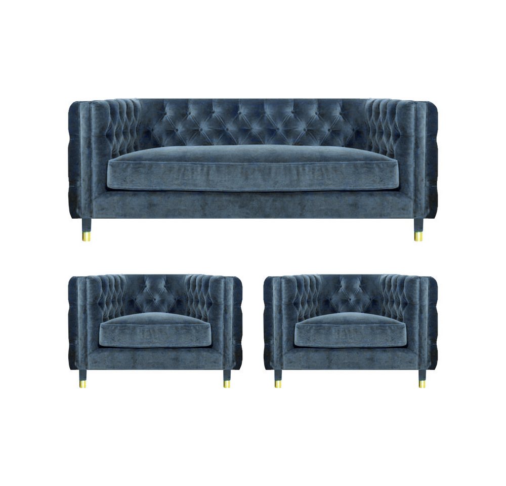 JVmoebel Wohnzimmer-Set Blau Designer Sofagarnitur 3tlg Modern Textil Chesterfield Wohnzimmer, (3-St., 1x 3-Sitzer Sofa + 2x Sessel), Made in Europa von JVmoebel