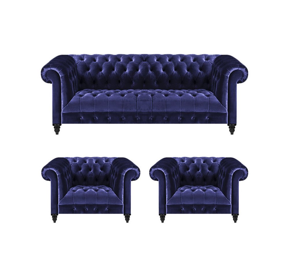 JVmoebel Wohnzimmer-Set Blau Set 3tlg Chesterfield Komplett Sofa Dreisitze 2x Sessel, (3-St., 1x 3-Sitzer Sofa + 2x Sessel), Made in Europa von JVmoebel