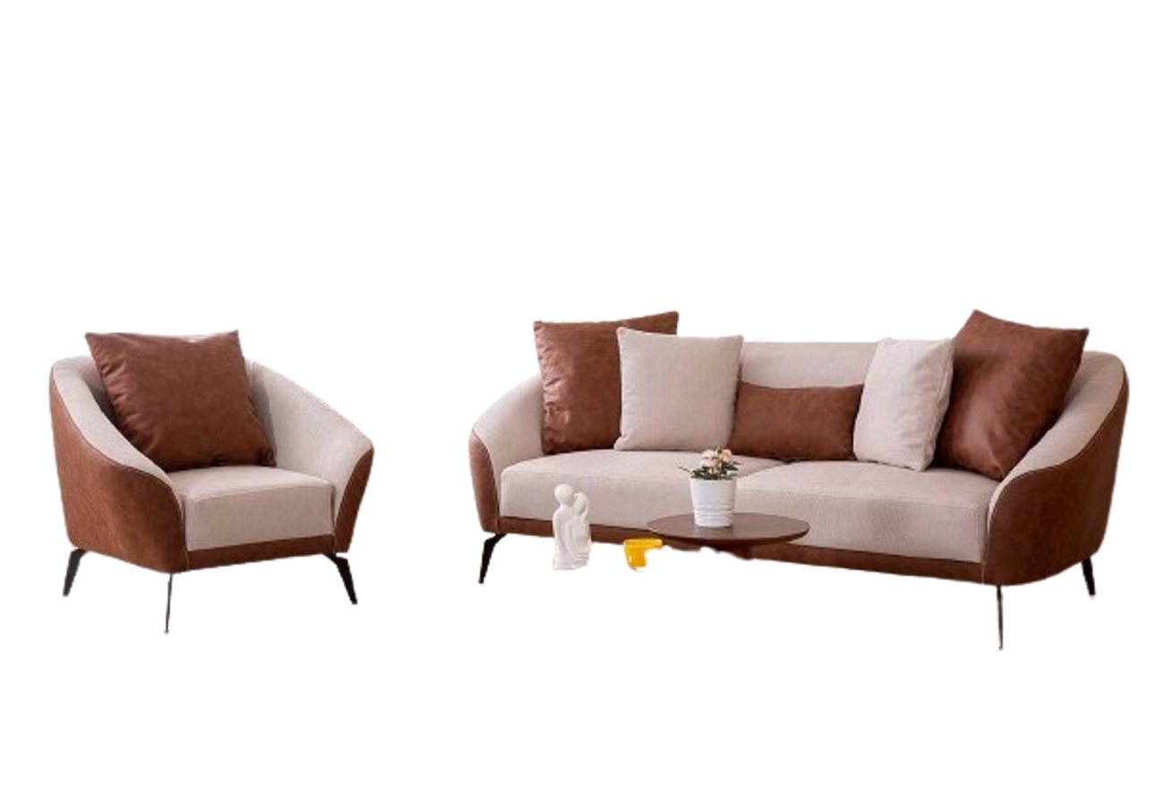 JVmoebel Wohnzimmer-Set Braun-Beige Wohnzimmer Sofagarnitur Designer Dreisitzer Sessel, (2-St., Wohnzimmer-Set 2tlg Sofa + Sessel), Made in Europa von JVmoebel