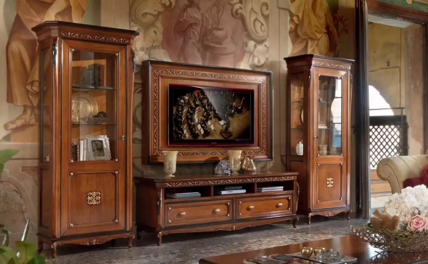 JVmoebel Wohnwand Braun TV-Möbel Set Wohnzimmer Lowboard und Wandregal, (4-St., Nur Lowboard + 2x Vitrine + TV-Rahmen), Made in Europa von JVmoebel