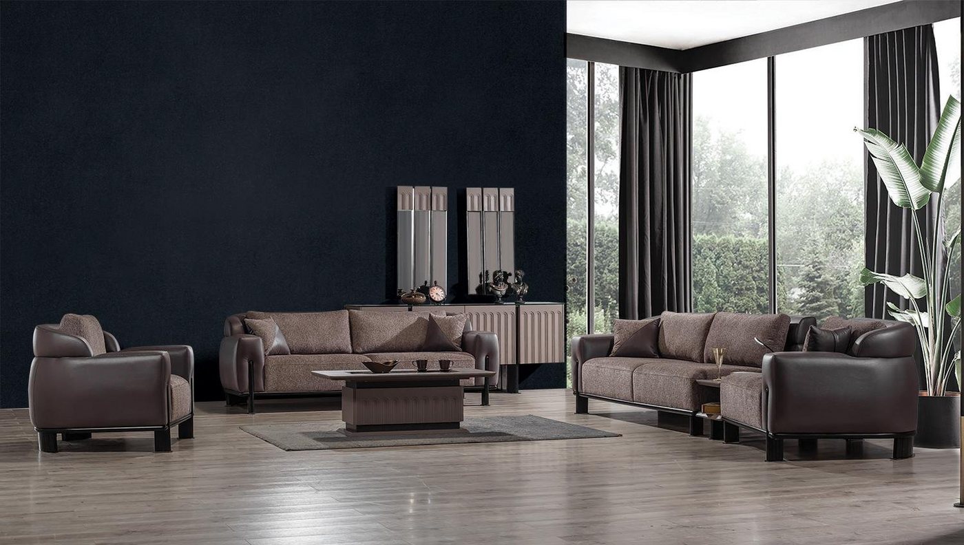 JVmoebel Wohnzimmer-Set Braune Wohnzimmer Garnitur 3-Sitzer Sofa Sessel Couchtisch 4tlg, (4-St., Nur Sofas 2x 3 Sitzer + Sessel + Couchtisch), Made in Europa von JVmoebel