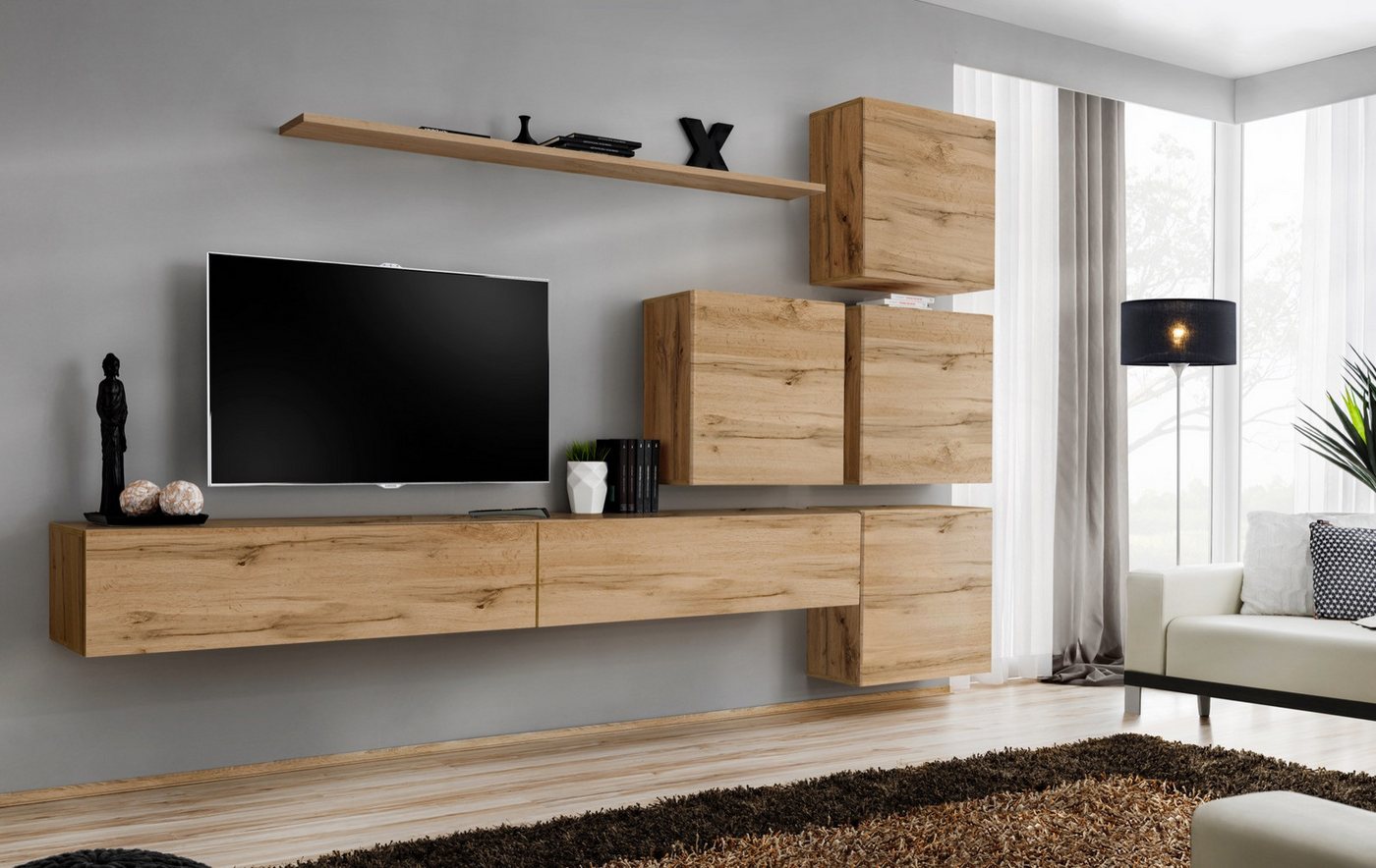JVmoebel Wohnwand Braunes 8-teiliges Set für TV-Ständer und Wohnwand Regal, (8-St., 1x Wohnwand + 2x TV Ständer + 4x Wandschrank + 1x Wandregal), Made in Europa von JVmoebel