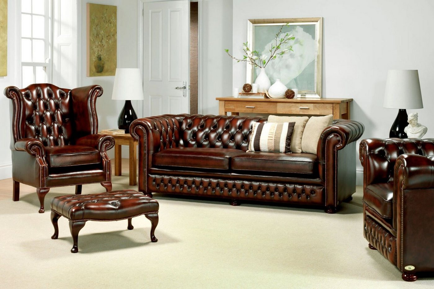 JVmoebel Wohnzimmer-Set Chesterfield Garnitur 3 +1 + Ohrensessel + Hocker 100% Leder Sofort, (4-St) von JVmoebel