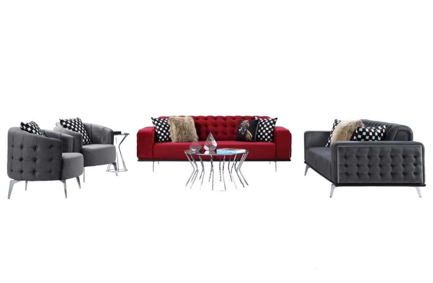 JVmoebel Wohnzimmer-Set Chesterfield Grau-Rote Sofagarnitur Designer Luxus Polstercouchen 4tlg, (4-St., 2x 3-Sitzer Sofas + 2x Sessel), Made in Europa von JVmoebel