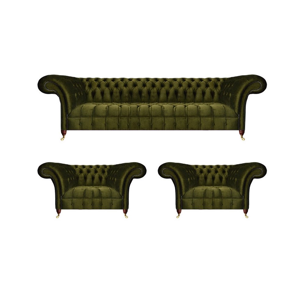 JVmoebel Wohnzimmer-Set Chesterfield Grün Sofagarnitur 3tlg Luxus Komplett Textil Sofas Neu, (3-St., 1x 3-Sitzer Sofa + 2x Sessel), Made in Europa von JVmoebel