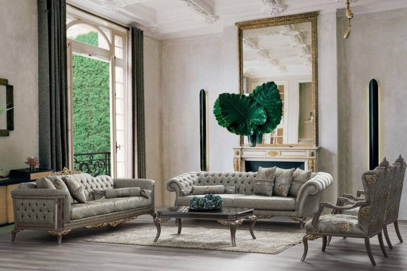 JVmoebel Wohnzimmer-Set Chesterfield Sofagarnitur Dreisitzer Sessel Grau Stoff Stoffsofa 4tlg, (4-St., 2x 3-Sitzer + 2x-Sitzer ohne Couchtisch), Made in Europa von JVmoebel